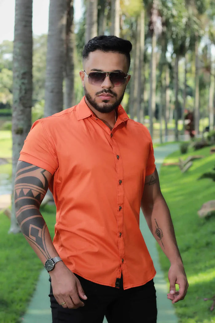 Camisa Slim Fit Laranja Algodão Premium Com Elastano