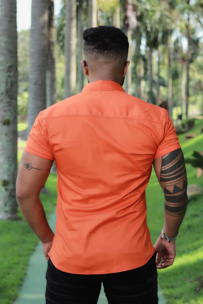 Camisa Slim Fit Laranja Algodão Premium Com Elastano