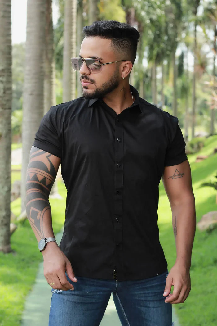 Camisa Slim Fit Preta Lisa Algodão Premium Com elastano