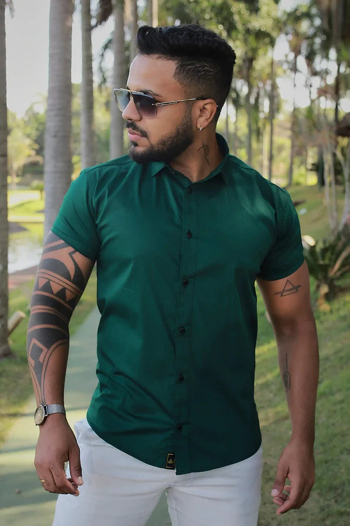 Camisa Slim Fit Verde Petróleo Algodão Premium Mercerizada Com Elastano