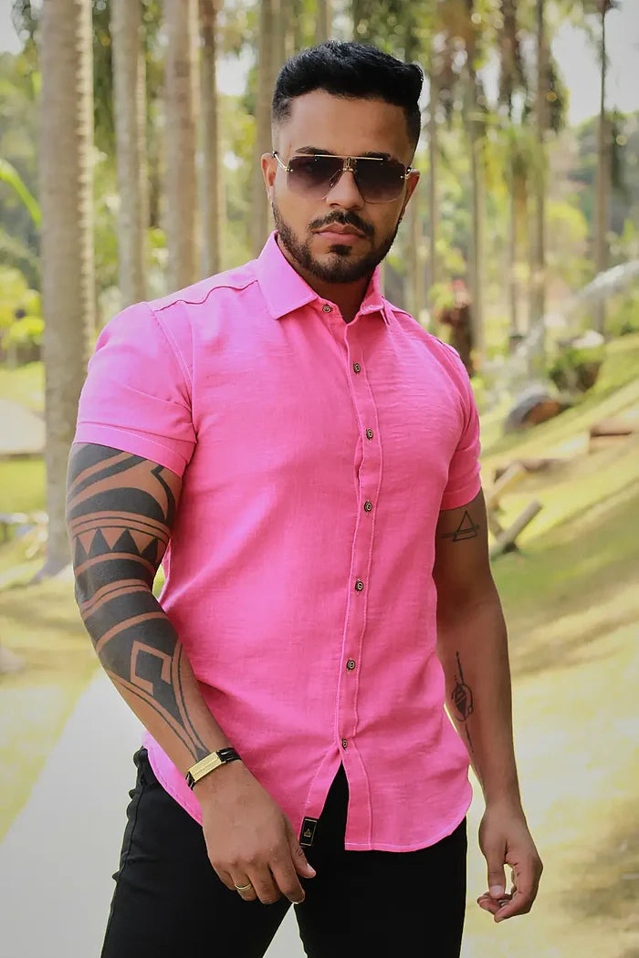 Camisa slim fit Linho Belga Rosa Pink